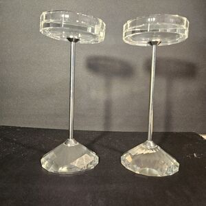 Set of 2 Crystal & Metal Pillar Candle Holders - 12" Modern Glass Pedestals